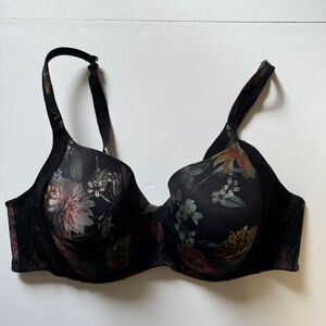 Deesse Bra Floral Microfibre Underwire Plunge Black Dark Romantic Sz 42DD